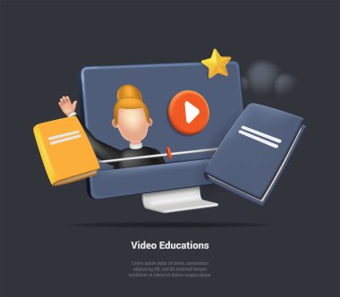 Çevrimiçi Uzaklık Konsepti E-Öğrenme, Video Eğitimi, Sanal Öğretmen Avatar Farklı Simgelerle Ekranda. Çevrimiçi Eğitim, Web Kursları, Dersler. 3d Gerçekçi Vektör İllüstrasyonu.