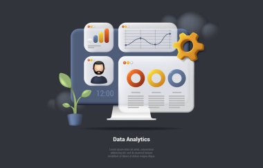 Veri Analitiği, Çizelgeyi Göstergelerle Arttır ve İnsan Avatar Simgesiyle. Sosyal medyanın pazarlanması için SEO optimizasyonu. Finansal Rapor Çizelgesi, Veri Analizi, Web Geliştirme. 3d Vektör Görüntüleme.