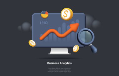 İş Analizleri, Grafiği göstergelerle ve Avatar Madeni Para Simgesi ile Arttır. Sosyal medyanın pazarlanması için SEO optimizasyonu. Finansal Rapor, Veri Analizi, Web Geliştirme. 3d Vektör Görüntüleme.