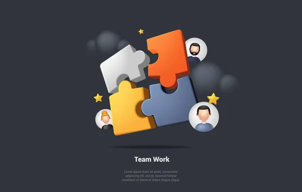采购产品商业合作概念 伙伴关系 公司和合作业务 Jigsaw Puzzle Pieces Team People 3D渲染卡通写实主义矢量图解 — 图库矢量图片