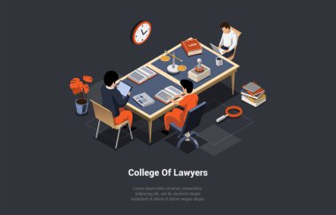 Avukatlar koleji kavramı. Öğretmen ve öğrencilerle birlikte hukuk fakültesi. Kitaplarda makaleler okuyan, ofisteki ya da sınıftaki masada oturan karakterler. Isometric 3d Vektör İllüstrasyonu.