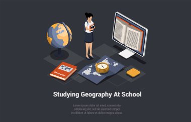 Coğrafya, Konu, Eğitim ve Bilim Konsepti. Büyük Küre 'nin yanında kitapları olan kadın, pusula ve dünya haritası. Coğrafya dersi alan kız. Isometric 3d Çizgi film Vektörü İllüstrasyonu.