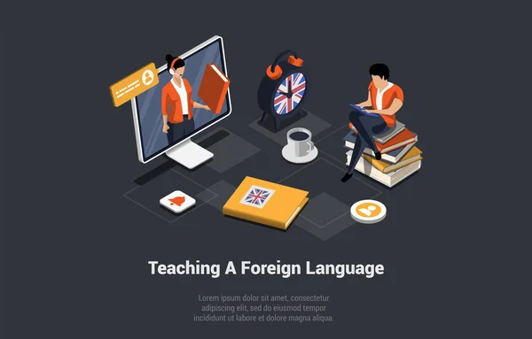 Dil Öğrenme Uygulaması Bilgisayarda Koç Çevrimiçi Okulda Yabancı Dil Öğrenme — Stok Vektör