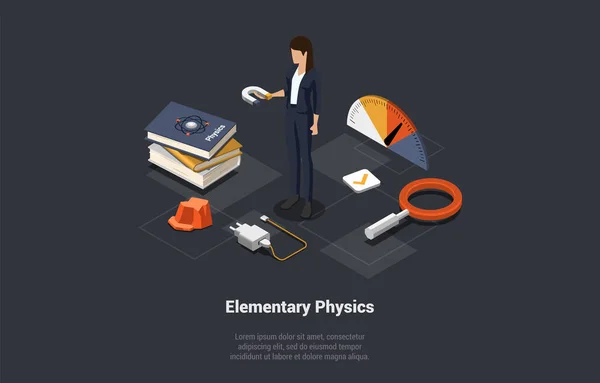 Fizik Konu Eğitim Bilim Konsepti Kitapların Yanında Mıknatısı Kablolu Şarjı — Stok Vektör