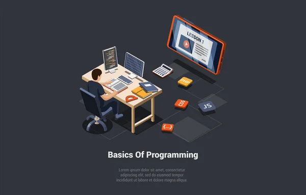 Programmering Och Kodning Online School Beginners Lär Dig Grundläggande Programmeringsspråk — Stock vektor
