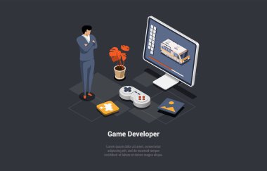 Oyun Geliştirme Kavramı. GameDev, yeni bilgisayar oyunu dizaynı oluşturma ve geliştirme sürecinde. Dijital Teknoloji. Erkek Testi ve Kodlama Oyunları Müdahale. Isometric 3d Çizgi film Vektörü İllüstrasyonu.