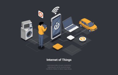 Akıllı Ev Teknolojileri ve İnternet ve Makine Arayüzü. Erkek Karakteri, Tablet ile Ev Aletleri ve Araba Kullanımını Kontrol Ediyor. Isometric 3d Çizgi film Vektörü İllüstrasyonu.