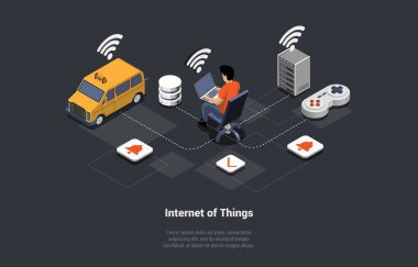 Akıllı ev teknolojileri, internetteki nesneler ve makine arayüzü kavramı. İş taksisinin kontrolü ve sunucu kablosuz ağlı dizüstü bilgisayar kullanıyor. Isometric 3d Çizgi film Vektörü İllüstrasyonu.