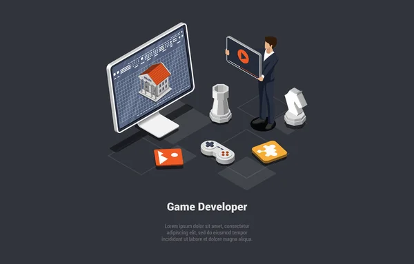 Concept Développement Jeu Caractère Gamedev Cours Création Développement Nouveaux Jeux — Image vectorielle