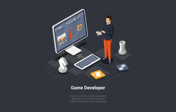 Game Development Concept Gamedev Process Create Develop New Computer Video — Stock Vector