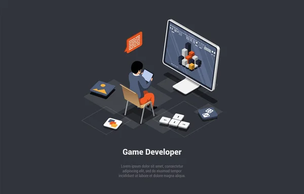 Concept Développement Jeu Gamedev Cours Création Développement Nouveaux Jeux Vidéo — Image vectorielle
