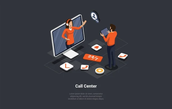 Concept Call Center Technical Support Hotline Operator Advise Customers Woman — Stock Vector
