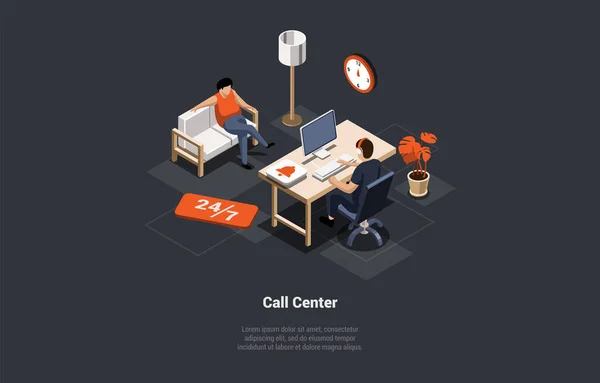 Concepto Call Center Soporte Técnico Operador Línea Directa Asesorar Los — Archivo Imágenes Vectoriales
