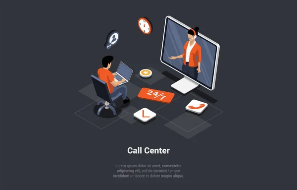 呼叫中心的概念 技术支持24 热线电话接线员向顾客提供建议 男子呼叫技术支持或求助热线24 7来解决难题 等距3D卡通矢量图解 — 图库矢量图片