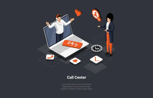 Konzept Des Call Centers Technischer Support Hotline Betreiber Beraten Kunden — Stockvektor
