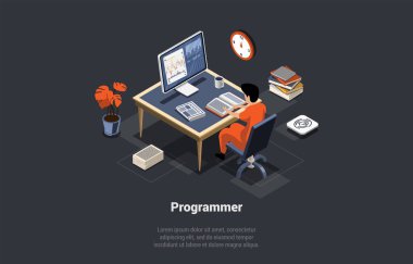Software Development Coding Process. Programmer or Web Developer Coding App on Computer. Screen With Chart, Script and Open Windows. Man Coder Engineer At Workplace. Isometric 3d Vector Illustration. clipart svg vector 