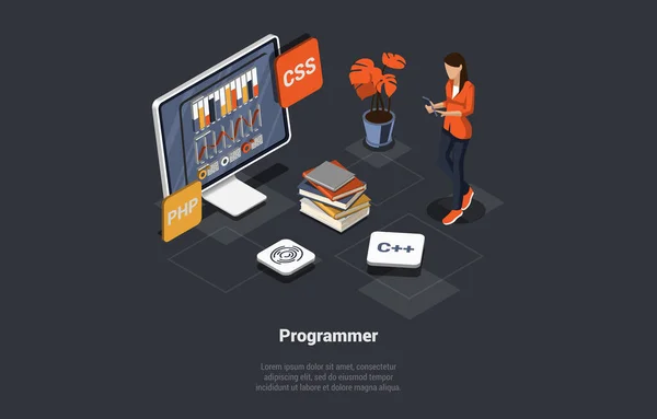 Programvaruutvecklingsprocessen Programmerare Eller Webbutvecklare Kodning App Använda Css Programmeringsspråk Skärm — Stock vektor