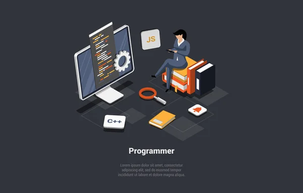 Processo Codifica Dello Sviluppo Software Programmatore Web Developer Coding App — Vettoriale Stock