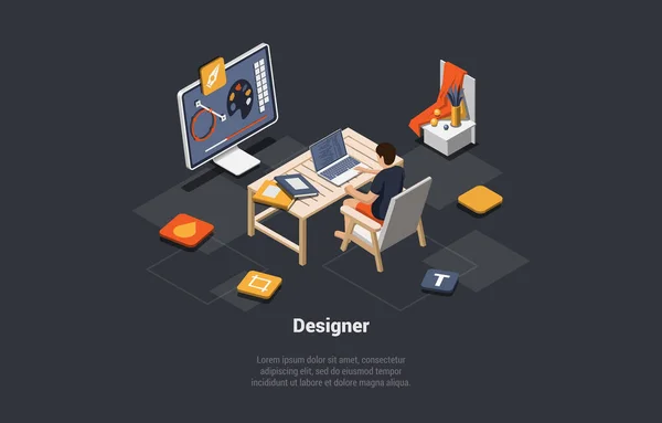 Design Trabalho Freelance Equipe Criativa Designers Gráficos Menino Freelancer Criar — Vetor de Stock