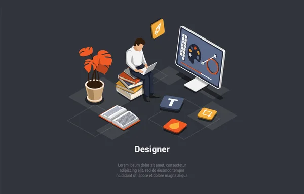Diseño Trabajo Independiente Equipo Creativo Diseñadores Gráficos Diseñador Hombre Hacer — Vector de stock