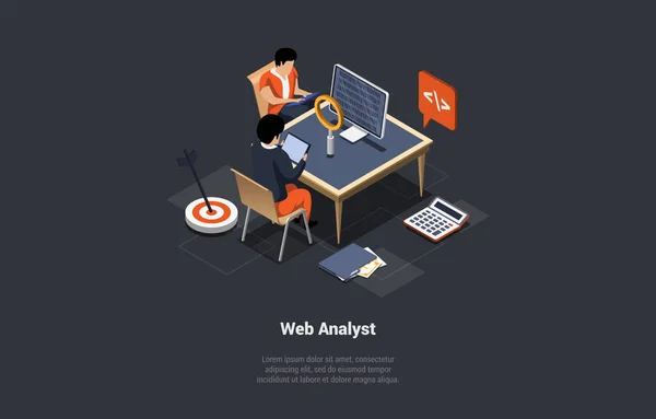 Concetto Test Analisi Dei Dati Debug Web Analyst Character Marketer — Vettoriale Stock