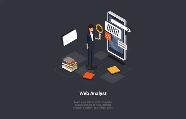 Concept Testing Data Analysis Debugging Web Analyst Woman Marketer Analyzing — Stock Vector