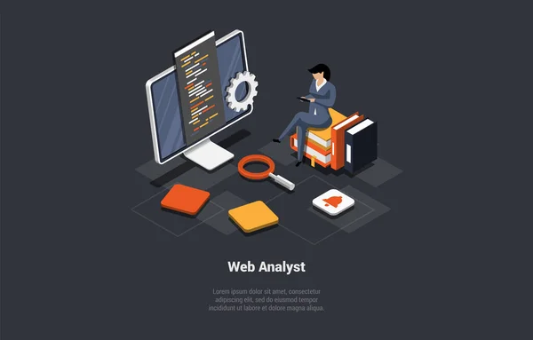 Begreppet Testning Dataanalys Felsökning Seo Web Analyst Woman Marketer Analysera — Stock vektor