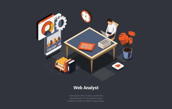 시험의 데이터 디버깅 Seo Web Analyst Man Marketer Analyzing Data — 스톡 벡터