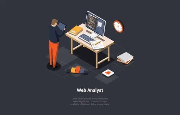 Concept Testing Data Analysis Science Debugging Seo Web Analyst Man — Stock Vector