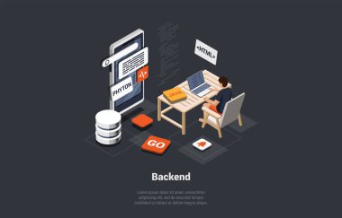 Gelişmenin Önü ve Arkası, Tepkili Web Tasarımı, Web Sitesi Arayüzü, Kodlama ve Programlama. IT Geliştiricisi Python Dili Kullanarak Yeni Başlangıç Projesini Geliştirdi. Isometric 3d Vektör İllüstrasyonu.