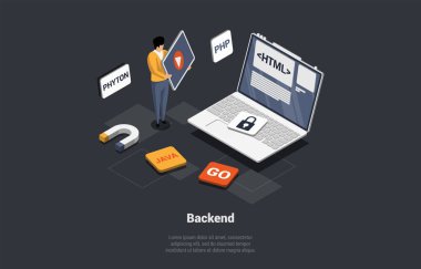 Gelişmenin Önü ve Arkası, Tepkili Web Tasarımı, Web Sitesi Arayüzü, Kodlama ve Programlama. Python, PHP ve HTML Dillerini kullanarak Adam Yeni Web Sitesi Geliştiriyor. Isometric 3d Vektör İllüstrasyonu.