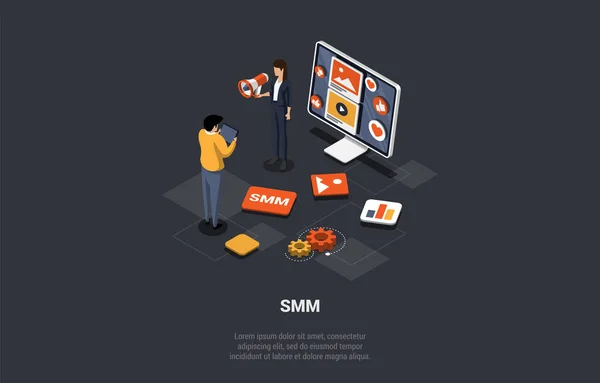 社交媒体营销和在线促销 Smm经理Seo代理制定成功的策略 制造广告公司 与订户沟通 等距3D卡通矢量图解 — 图库矢量图片