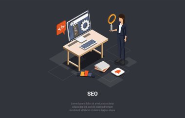 Seo Optimizasyon, SEO Dijital Pazarlama. Seo Pazarlama ve Analiz, Online Sıralama Sonuçları. Büyüteçli İş Kadını bilgisayarın önünde dikiliyor. Isometric 3D Vektör İllüstrasyonu.