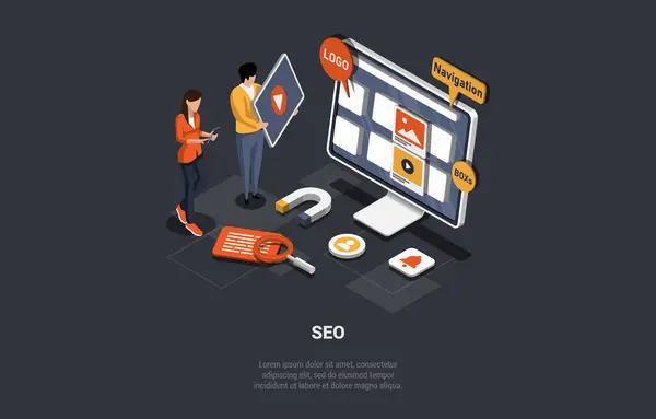 Seo 최적화 Seo 디지털 마케팅 Seo 마케팅 온라인 컴퓨터 화면의 스톡 일러스트레이션