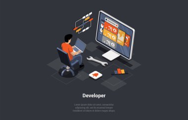 Software Development Coding Process. Programmer or Web Developer Writing New Code On Laptop. Screen With Code, Script and Open Windows. Coder Engineer At Workplace. Isometric 3d Vector Illustration. clipart svg vector 