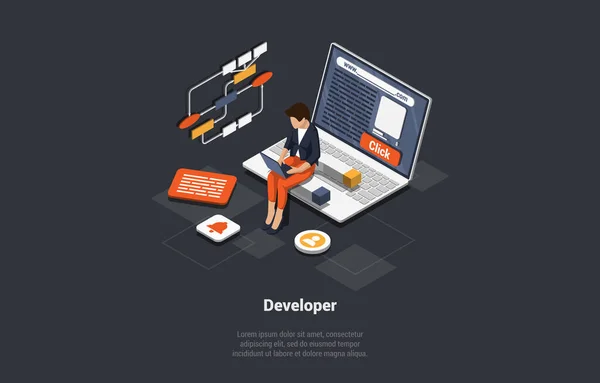 Software Development Coding Process Concept Programmer Web Developer Working Laptop — Stock Vector