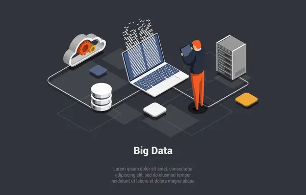 Big Data Processing Center Cloud Database Inglés Sala Servidores Con — Vector de stock