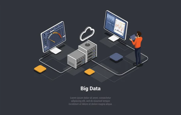 Big Data Processing Center Cloud Database Serverruimte Met Hardwareracks Softwarecode — Stockvector