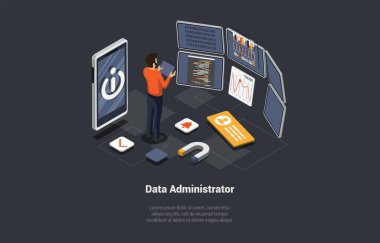 System Administrator Upkeeping Server, Adjusting Network, PC Hardware. Sysadmin Repairing Computer And Smartphone. Administration, Data Center Maintenance Service. Isometric 3d Vector illustration. clipart