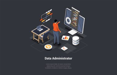 Sistem Yöneticisi Upkeeping Server, Ağ Ayarlama, PC Donanım. Sysadmin Bilgisayar ve Akıllı Telefon Tamiri. Yönetim, Depo, Arşiv, Sunucu. Isometric Karikatür 3d Vektör illüstrasyonu.