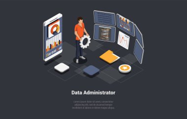 Sistem Yöneticisi Upkeeping Server, Ağ Ayarlama, PC Donanım. Sysadmin 'in Ellerinde Vitesli Bilgisayar ve Akıllı Telefon Tamiri. Yönetim, Depo, Sunucu. Isometric 3d Vektör illüstrasyonu.