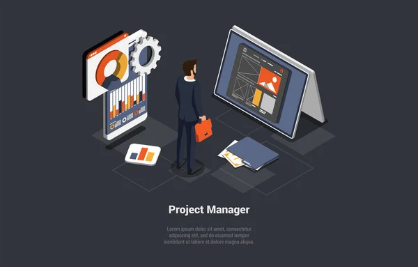 새로운 스타트업 프로젝트의 소프트웨어 엔지니어 Man Project Manager 새로운 아이디어를 — 스톡 벡터