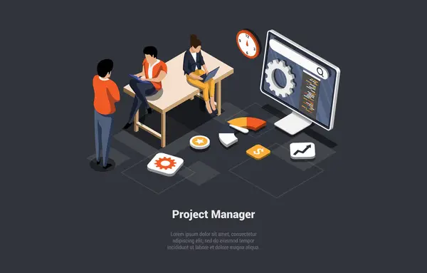 새로운 스타트업 프로젝트의 소프트웨어 엔지니어 Man Project Manager는 새로운 아이디어를 로열티 프리 스톡 일러스트레이션