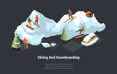 Kış tatili ve kayak tatili kavramı. Dağlık manzaralı ve karlı arabalı lüks kayak merkezi. Snowboard ve kayak yapan insanlar. Isometric 3D Çizgi Film Vektörü Resimleri.