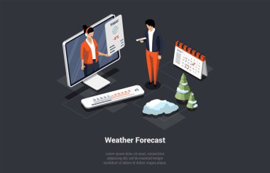 Haftanın her günü için hava tahmini. Erkek, kadın hava durumu asistanı ile ekranda görüşüyor. Sıcaklık ve yağış ile ilgili bilgiler. Isometric 3D Vektör İllüstrasyonu.