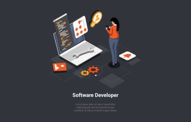 Yazılım Geliştirme Kodlama İşlemi. Programcı Cephe Geliştiricisi Kadın Kodlaması dizüstü bilgisayarda. Şifreli Ekran, HTML ve CSS. İşyerindeki kod mühendisi. Isometric 3d Çizgi film Vektörü İllüstrasyonu.