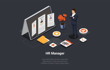 İş Bulma Kurumu, Çalışanları İşe Alma Kurumu. İnsan Kaynakları Müdürü Kelle Avcısı, İş için En İyi Adayları Seçin. Adam, adayları iş görüşmesine davet etmek için ekranın önünde duruyor. Isometric 3d Vektör İllüstrasyonu.