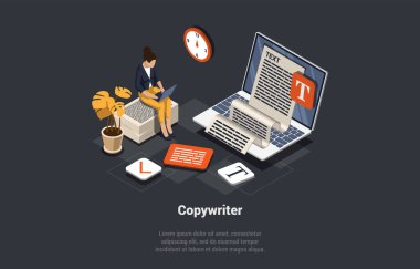 Metin yazarlığı işi kavramı. Kadın Yazar Laptop 'a Metin Yazıyor. Kişi Editörü Elektronik Metin Kitabı ya da Mektup Yazar, Günlük. Kadın Karakter Daktilo Metni. Isometric 3D Çizgi Film Vektörü Resimleri.