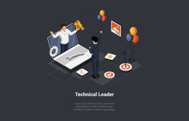 Yaratıcı takım çalışması ve teknik lider kavramı. Dizüstü bilgisayardaki Başarılı Adam Takım Lideri Altın Kupa 'yı tutuyor. Adam Takıma Başarı Yolunda Öncülük Ediyor. Isometric 3d Çizgi film Vektörü İllüstrasyonu.