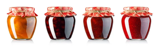 Collection Set Homemade Fruit Jam Jars Covered Paper Isolated White — Stock Photo, Image